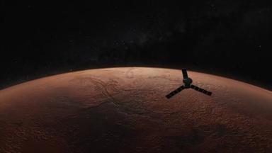 宇宙的概念。一颗太空卫星在这颗红色的星球上空飞行.火星。3D<strong>动画</strong>